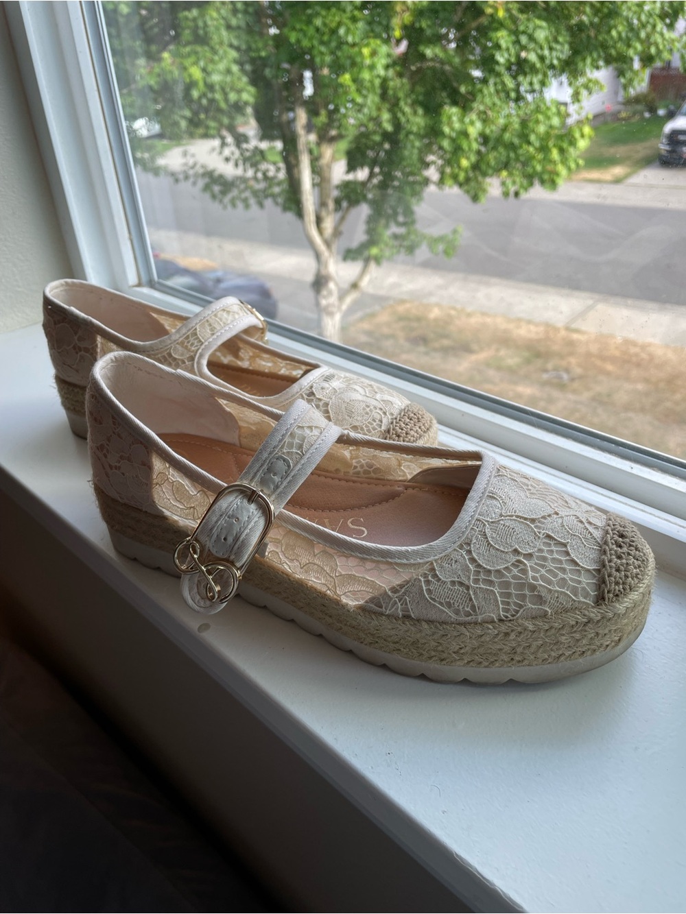 Sam & Libby Cream Lace Espadrille Mary Jane Wedge